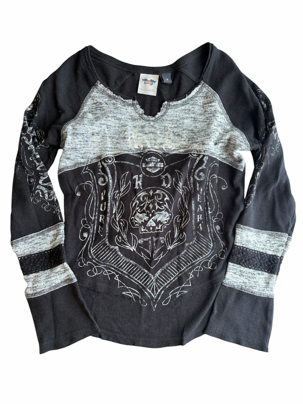 Harley-Davidson Black Thermal Long Sleeve Skull Graphic Y2K Biker Grunge Top